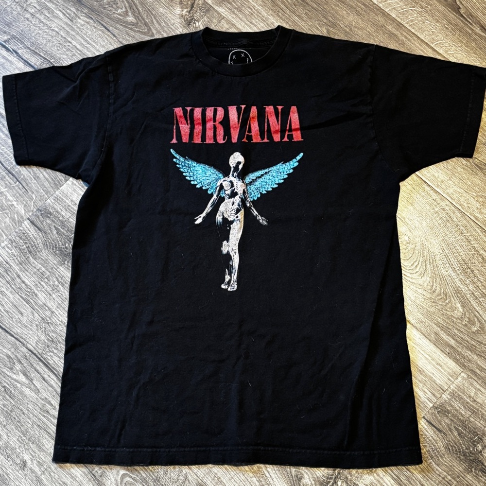 NIRVANA Black Tee with Red Logo and Blue Wings